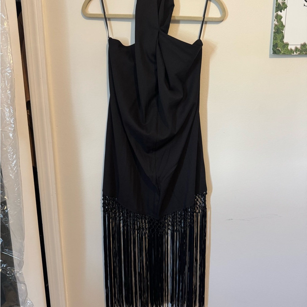 Commense Black Halter Fringe Maxi Dress